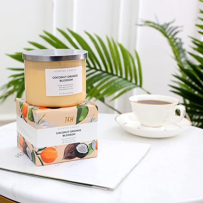 Coconut Orange Blossom 3 Wick Soy Candle, 15.8 oz - Tropical Coconut Scented Candle for Aromatherapy Stress Relief - Clean Burning, Long Lasting, Highly Scented Soothing Candles for Home
