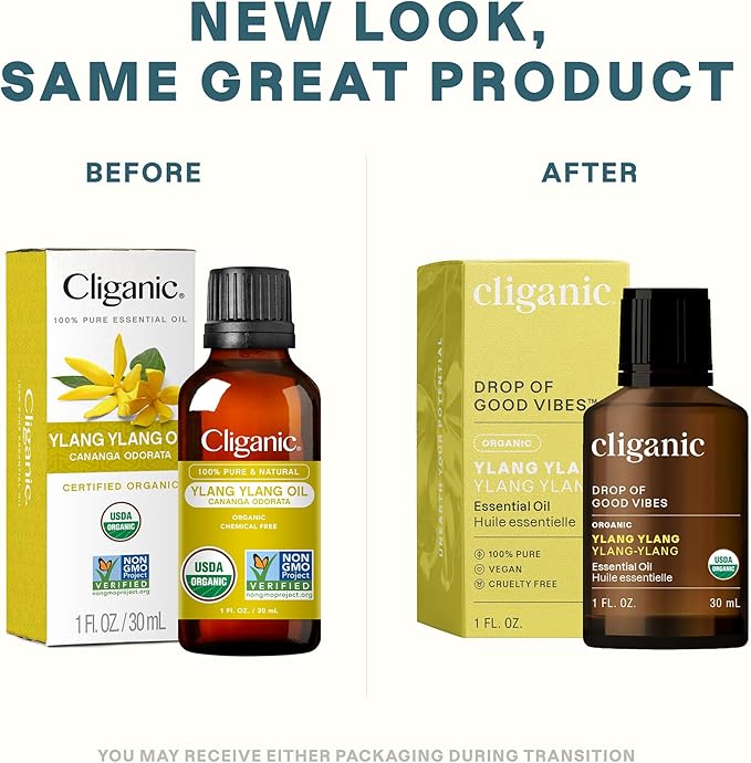 Cliganic Organic Ylang Ylang Essential Oil, 100% Pure Natural for Aromatherapy | Non-GMO Verified (Packaging May Vary)