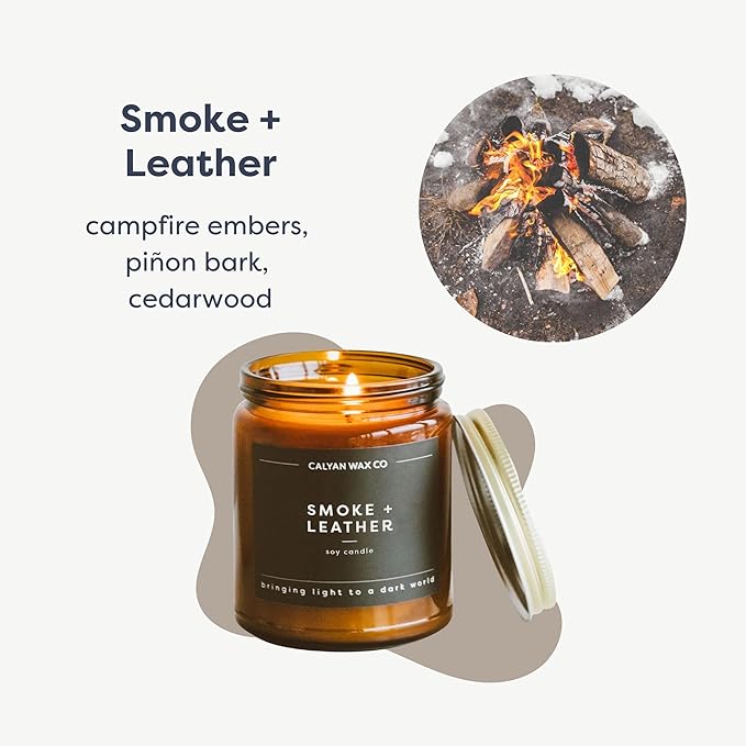 Calyan Wax Co. Smoke & Leather Scented Candle - 57 Hour Burn - Luxury Non Toxic Soy Wax Candles - Long Lasting Amber Glass Jar Candle for Home - 7.2oz