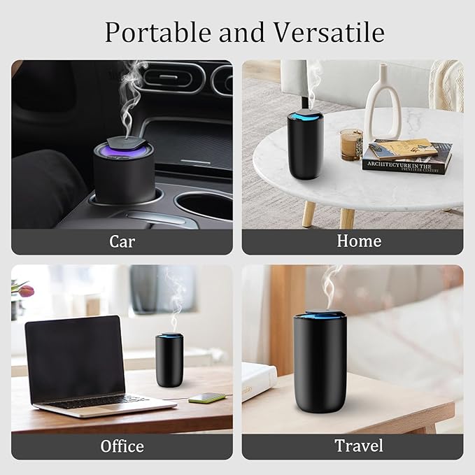 Waterless Diffuser for Essential Oil, Rechargeable Mini Fragrance Scent Air Machine, 3-Color Ambient Night Light, Aluminum, 0.51 Oz/15mL, 3 Countdown Timers & 3 Mist Levels for Home, Car, Titanium
