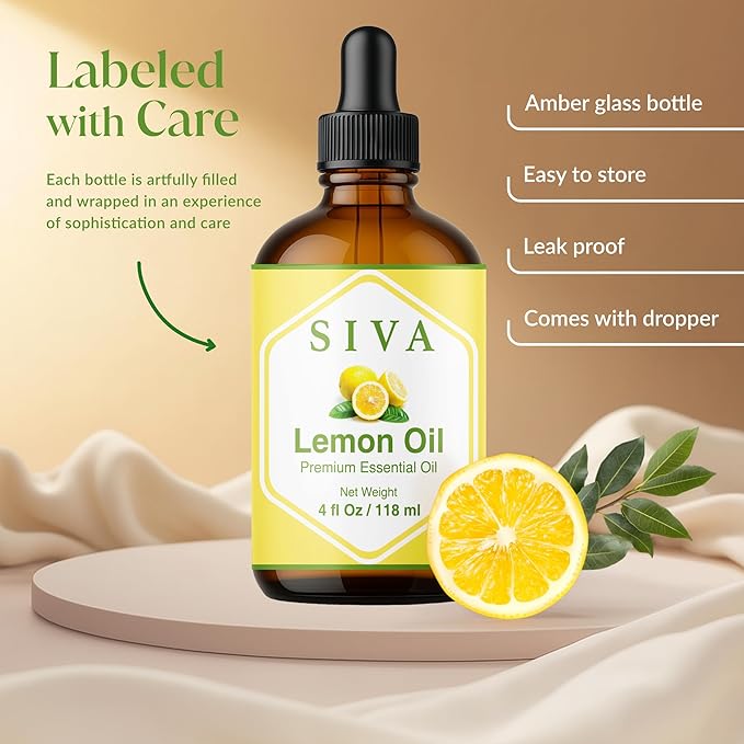 Siva Lemon Essential Oil - 4 Fl Oz – 100% Natural Lemon Oil - for Diffuser, Face, Skin Care, Aromatherapy, Hair Care, Scalp and Body Massage - with Dropper