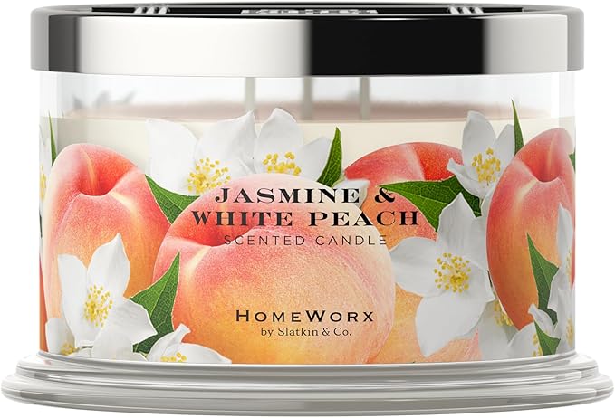 HomeWorx by SLATKIN + CO. Candle- Jasmine & White Peach, 14 oz. 3-Wick Premium Scented Candle - 20-40 Hours Burn Time
