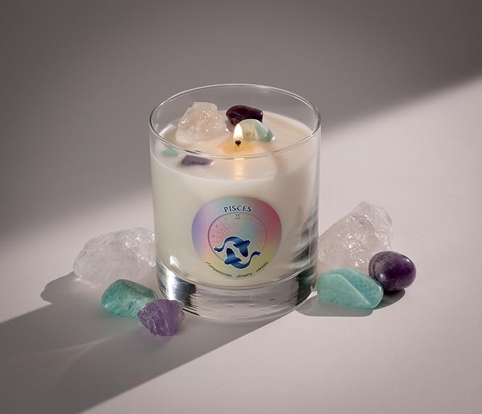 Luxury Glass Jar Candle, Pisces Zodiac Sign, 8.8 oz - Crystal Infused - Scents of Watery Greens, Ozone, Florals, & Sweet Musk - USA Made, Coconut-Soy Wax, Essential Oils, Dr. Developed