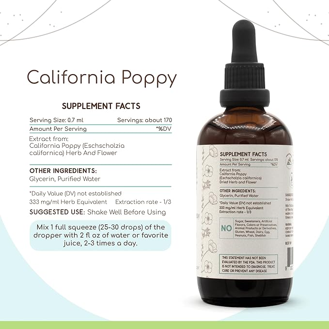 California Poppy B120 Alcohol-Free Herbal Extract Tincture, Concentrated Liquid Drops Natural California Poppy (Eschscholzia Californica) Dried Herb and Flower (4 fl oz)