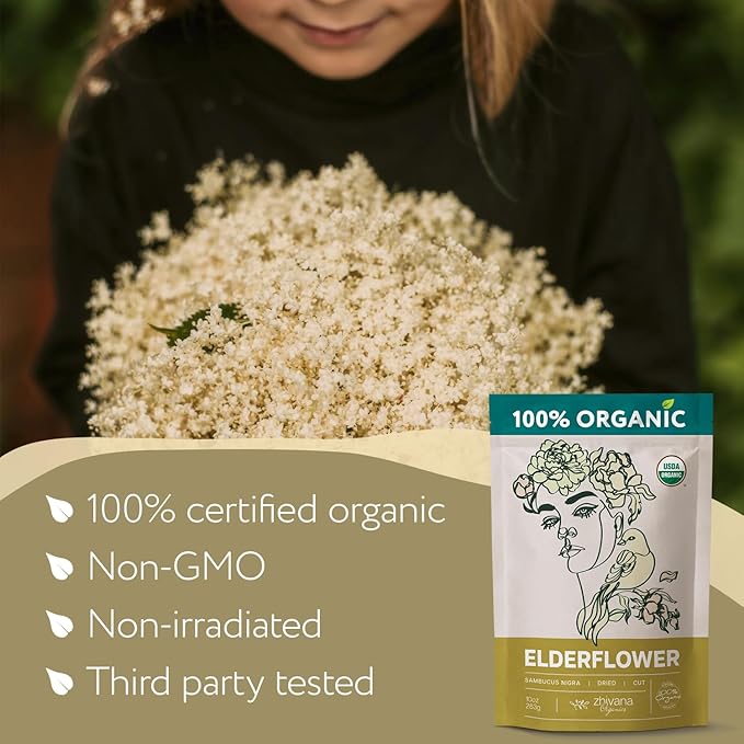 Elderflower Tea (10oz.) - Organic Dried Elderflowers - Elder Flowers Dried Herbs, Te de Sauco, Flor De Sauco Organico - Respiratory Tea - Great for Allergy