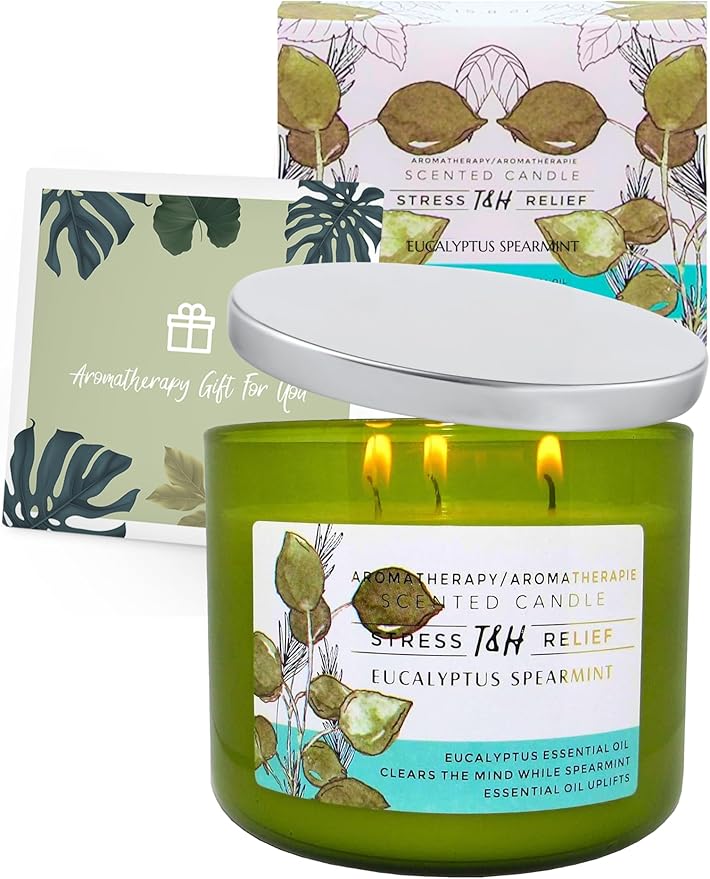 Eucalyptus Spearmint Aromatherapy Candle 3-Wick | Soy Scented Candle for Home 15.8 oz | Stress Relief Candle | Spa Candles Gift for Relaxation, Men & Women | Long Lasting Eucalyptus Candles