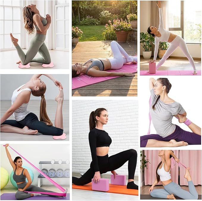 ViraAxis Foldable Yoga Mat and Blocks Set for Women with 2 Pack Yoga Blocks and Strap,Thin Non Slip Pilates Mat with Bag, Home Workout Equipment Essentials Starter Kit for Beginners Full Body Toning