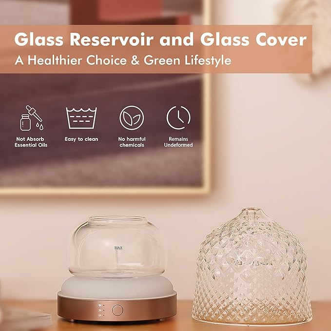 200ml Glass Reservoir Essential Oil Diffuser with Glass Dome Ultrasonic Aromatherapy Diffuser with Four Timer Colorful Light Auto-Off for Home Office Bedroom