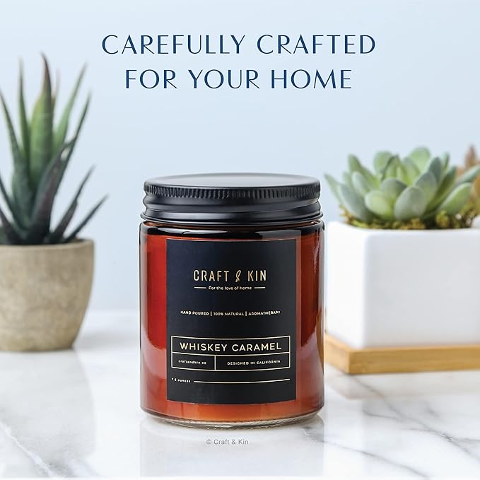 Craft & Kin Scented Candles for Men | Premium Whiskey Caramel Winter Candle | All-Natural Scent for Home | Long Lasting Candles with 45 Hour Burn Time, 8oz