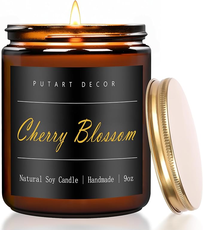 Cherry Blossom Highly Scented Candle for Home, 9oz Natural Soy Aromatherapy Non Toxic Candles with Essential Oil, Home Fragrance Stress Relief & Meditation Jar Candles Gifts for Women & Men