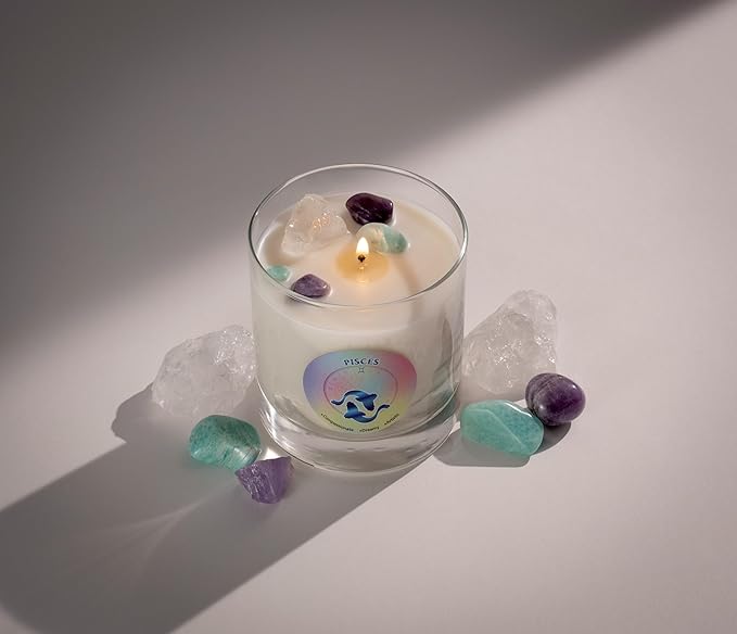 Luxury Glass Jar Candle, Pisces Zodiac Sign, 8.8 oz - Crystal Infused - Scents of Watery Greens, Ozone, Florals, & Sweet Musk - USA Made, Coconut-Soy Wax, Essential Oils, Dr. Developed