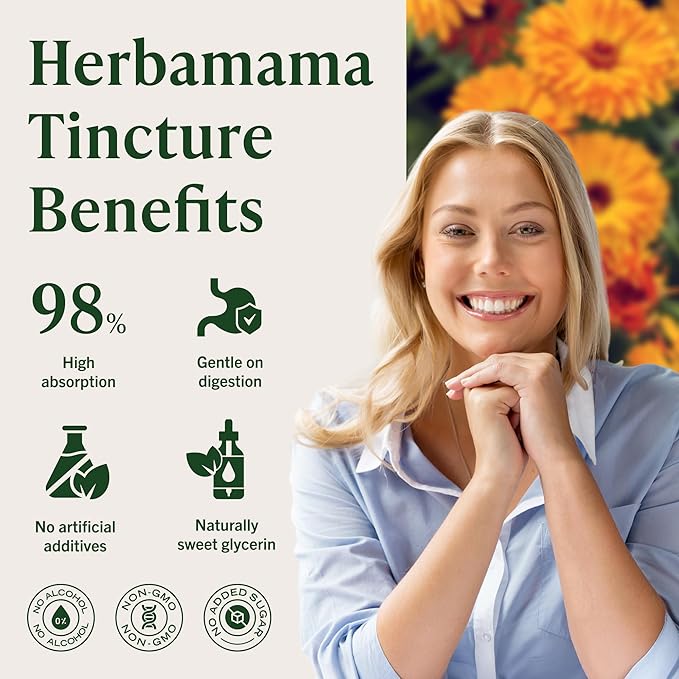 HERBAMAMA Calendula Tincture - Vegan Antioxidant & Detox Support with Calendula Herb Extract Drops - Non-GMO, Alcohol & Sugar-Free Liquid Supplement, 84-Day Supply