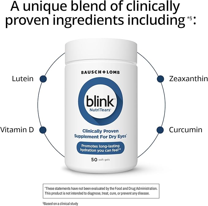 Blink NutriTears Clinically Proven Supplement for Dry Eyes, Eye Care with Lutein & Zeaxanthin and Vitamin D to Hydrate Eyes from Within for Long-Lasting Relief, 50 Softgels