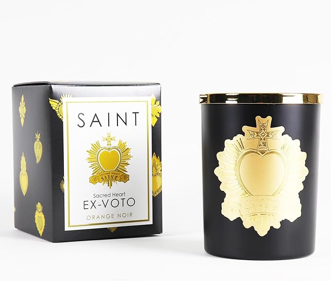 SAINT Ex-Voto Sacred Heart Devotional Scented Candle with Prayer Coin, Orange Noir Soy Coconut Aromatherapy Candle with 80 Hour Burn Time, Collector Series Edition I (Black)