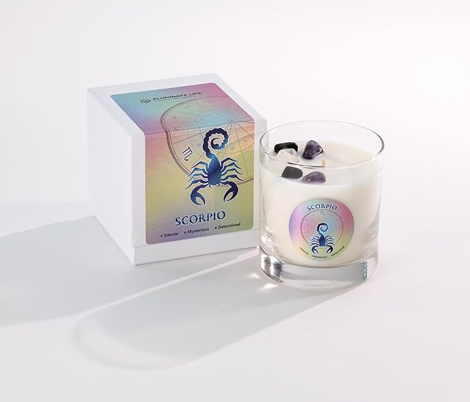 Luxury Glass Jar Candle, Scorpio Zodiac Sign, 8.8 oz - Crystal Infused - Scents of Ozone, Citrus, Sandalwood & Amber - USA Made, Coconut-Soy Wax, Essential Oils, Dr. Developed
