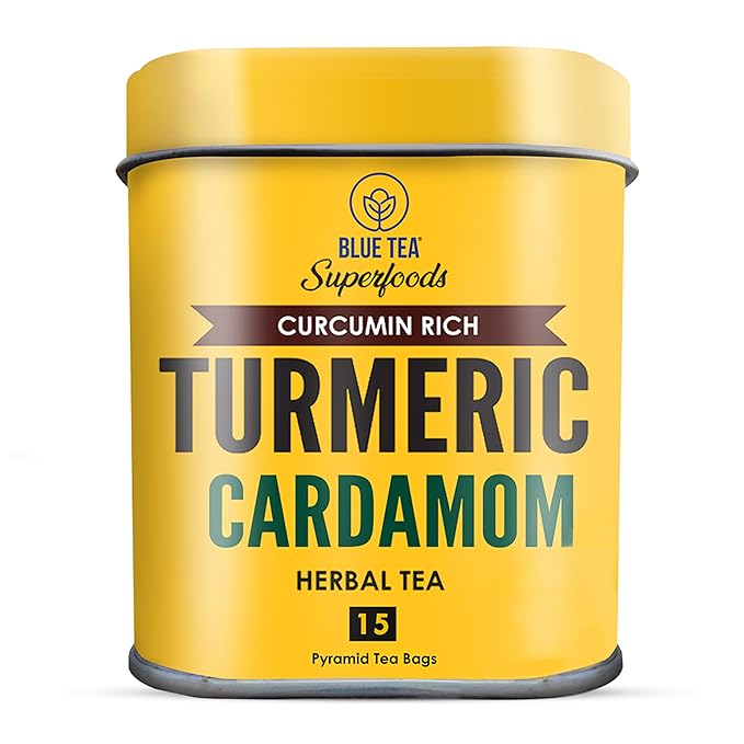 BLUE TEA - Turmeric Tea - Cardamom - 15 Count - Pyramid Plant Based Tea Bag | CURCUMIN RICH - HERBAL BLEND | Detox Tea - Herbal Tea - Caffeine Free - Gluten Free - Earthy Flavor - Healthy | Reusable Tin Pack
