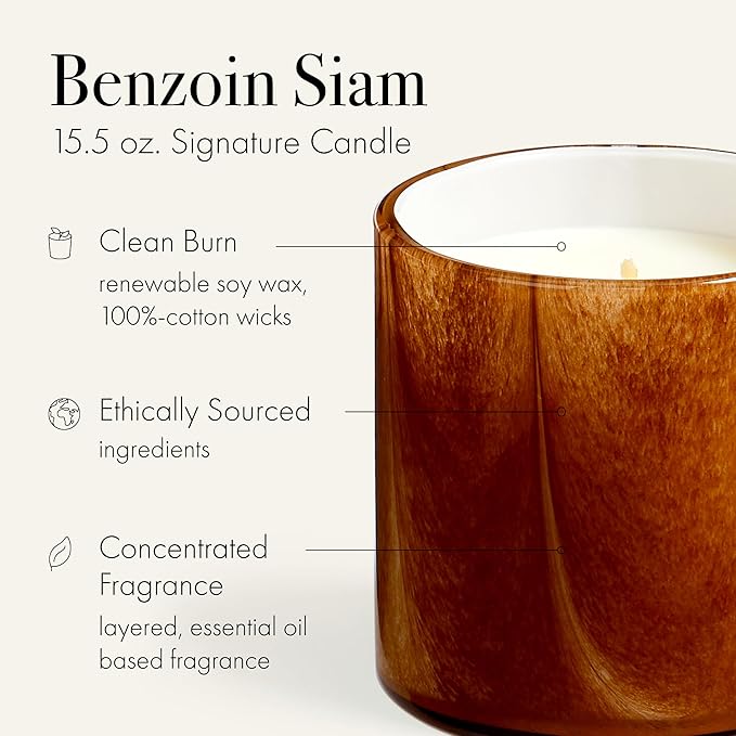 LAFCO New York Signature Candle, Benzoin Siam - 15.5 oz - 90-Hour Burn Time - Reusable, Hand Blown Glass Vessel - Made in The USA