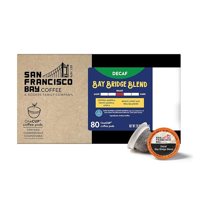 San Francisco Bay Compostable Coffee Pods - DECAF Bay Bridge Blend (80 Ct) K Cup Compatible, Medium Roast, Swiss Water Processed