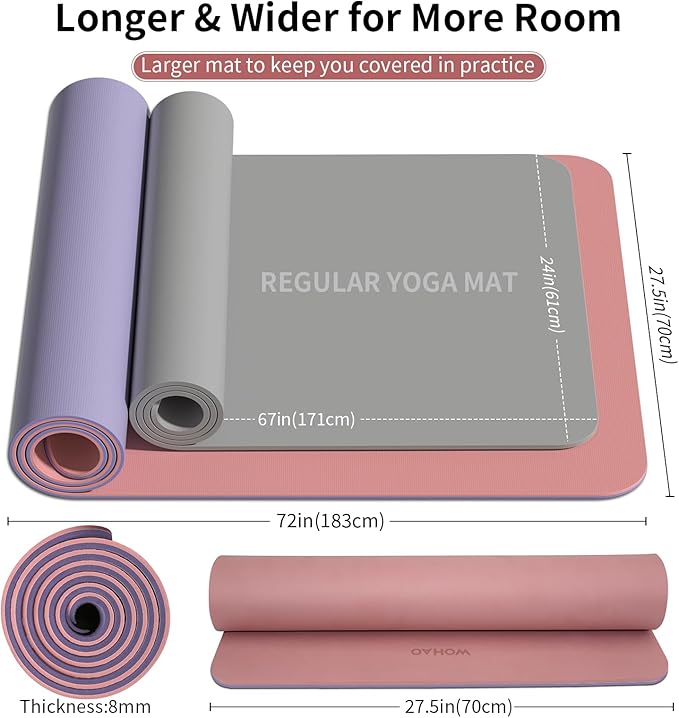 WOHAO Extra Thick 8mm Yoga Mat, 72"x28" Non Slip Exercise Mat, Reversible 2-Sided Dual Color Premium POE Material, with Carrying Strap for Yoga, Pilates, Home Gym