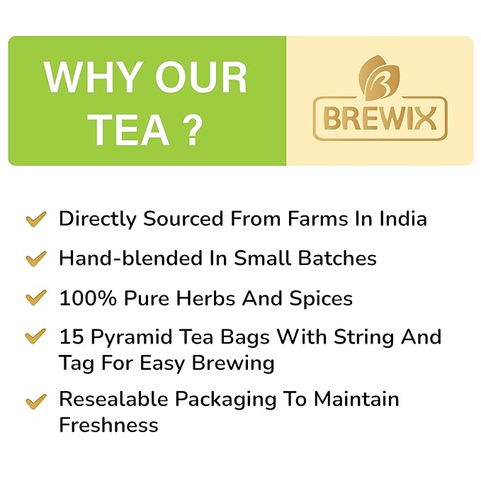 BREWIX Holy Basil Tea Bags (15 Pyramid Tea Bags) | Tee With Tulsi Leaves and Chamomile | Caffeine Free, Calming Herbal Tea With Fresh and Cool Flavor