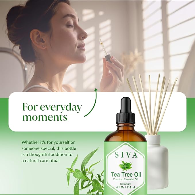 Siva Tea Tree Essential Oil - 4 Fl Oz – 100% Natural Tea Tree Oil - for Diffuser, Face, Skin Care, Aromatherapy, Hair Care, Scalp and Body Massage - with Dropper