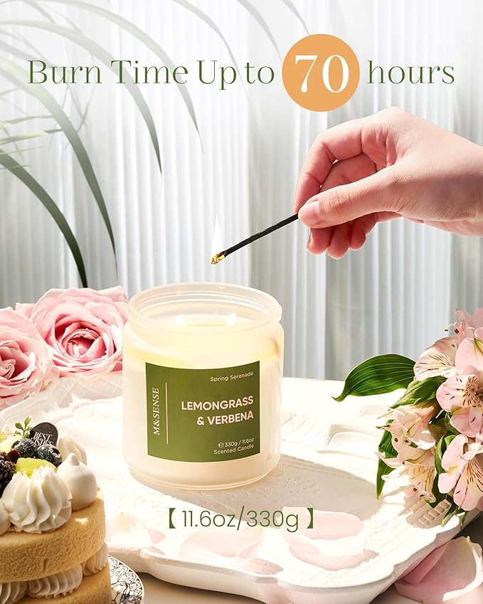 M&SENSE Lemongrass Verbena Scented Candle - 11.6oz 70 Hours Burn Time Natural Soy Wax Non-Toxic Candle, 2-Wick Aromatherapy Home Decor Fragrance Gifts for Relaxation & Stress Relief