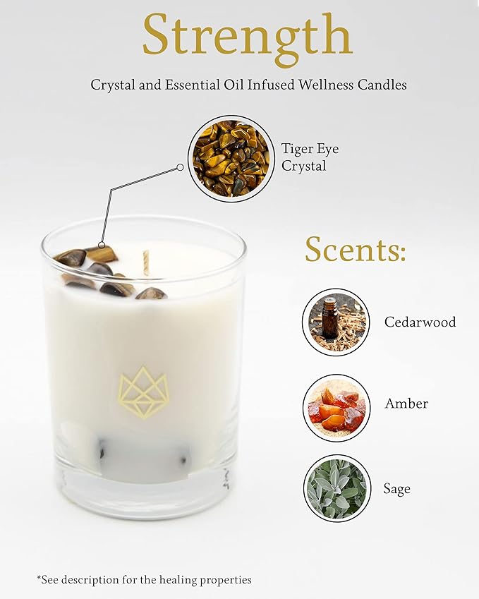 Luxury Glass Jar Candle, 14.5 OZ, Strength - Tiger Eye Crystal Infused - Scents of Cedarwood, Amber, & Sage - Power, Courage, & Expansion - Coconut Wax, Essential Oils, Dr. Developed