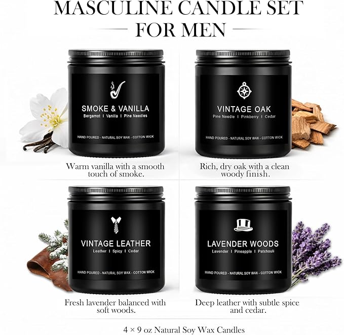 Scented Candles for Men Gift Set, Masculine Soy Candle Set with Leather, Smoke & Oak Scents – 4 Pack Manly Aromatherapy Candles for Home, Office & Relaxation Gifts for Him