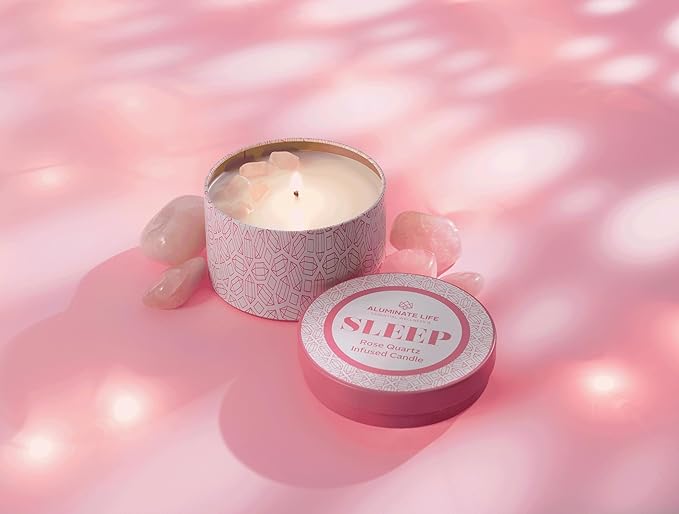 Luxury Candle Tin, 6 OZ, Sleep - Rose Quartz Crystal Infused - Scents of Rose, Lavender, and Vanilla - Tranquility, Love, & Comfort - Coconut Wax, Essential Oils, Dr. Developed