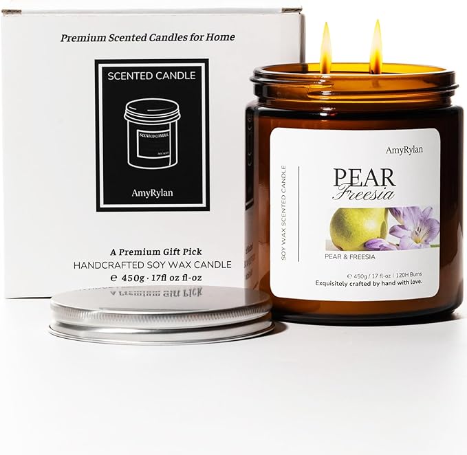 2 Wicks 17oz Large Non-Toxic Soy Wax Scented Candle, Pear & Freesia 120 Hours of Burn Time, Long Lasting Candle for Gift, Cost-Effective Candle for Home Fragrance, Aromatherapy