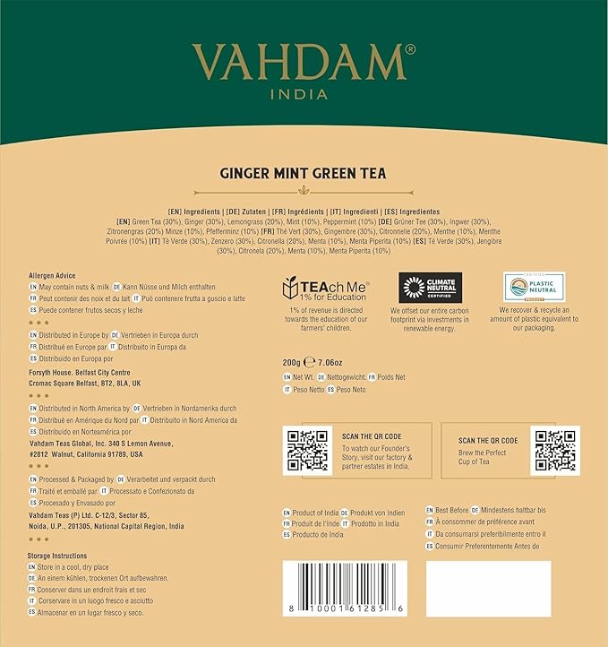 VAHDAM, Ginger Mint Green Tea Bags (100 Count) High Grown Green Tea with Raw Ginger | Medium Caffeine | Non GMO, Gluten Free | Mint Tea Bags | Resealable Ziplock Pouch