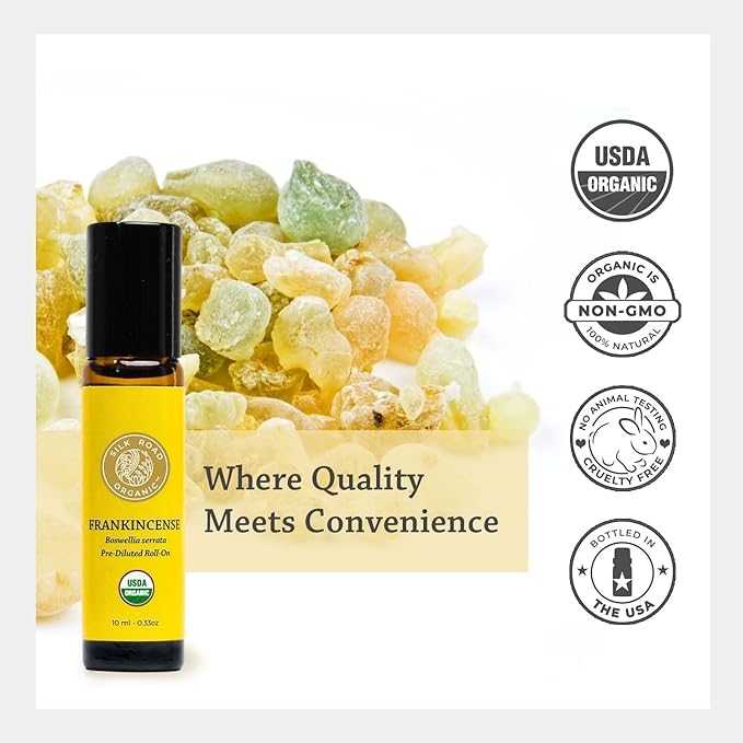 Silk Road Organic Frankincense Serrata Essential Oil Roll on for Deep Relief of Body Aches & Stiffness | USDA Certified Aromatherapy Roller (10 ml)