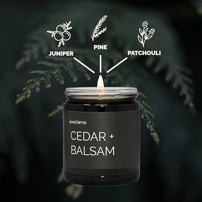 Premium Soy Wax Candle | Highly Scented Black Glass Jar Candles | Long Lasting, Clean Burn | 8 oz | Gifts for Man and Woman | Made in USA (Cedar + Balsam)