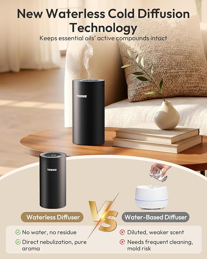 Waterless Essential Oil Diffuser – Portable Aromatherapy Diffuser with 20mL Capacity, 3 Timer & Mist Modes, Battery Operated Scent Air Machine for Home, Office, Car – Black