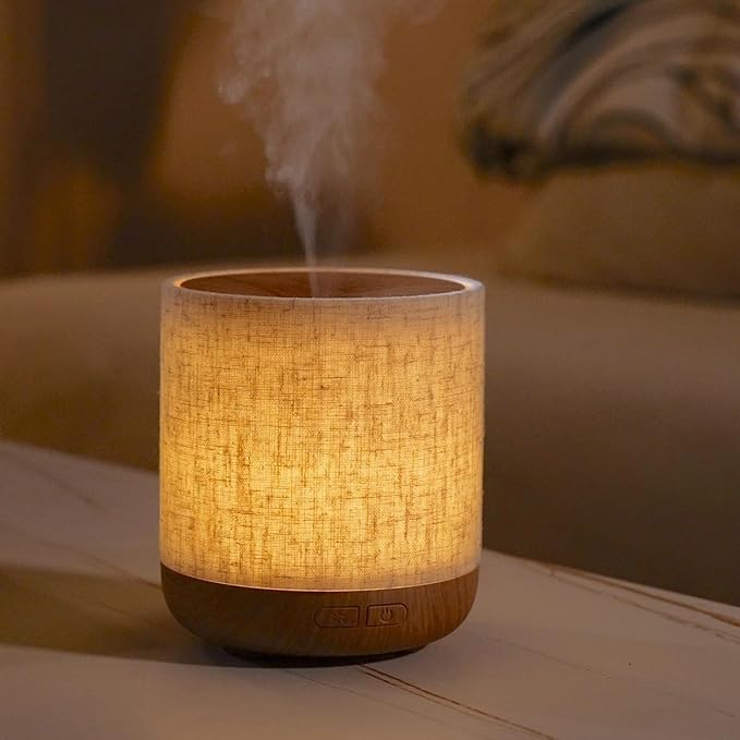 Essential Oil Diffuser 200ml with Fabric Cover and Night Lamp | Ultrasonic Aroma Diffuser | Humidifier w Lights | Room Decor | Small Humidifier for Bedroom | Gift (Light Brown)