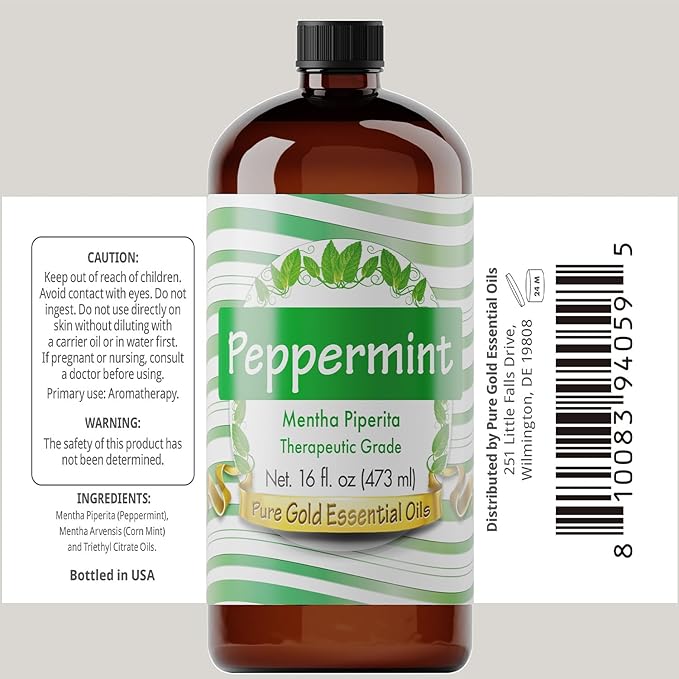 Pure Gold Peppermint Essential Oil Bulk, 16oz - Large Peppermint Oil Bottle for Diffusers, Home Care, Candles, Cleaning, Spray - Peppermint Oil for House Cleaning - Peppermint Oil for Diffuser