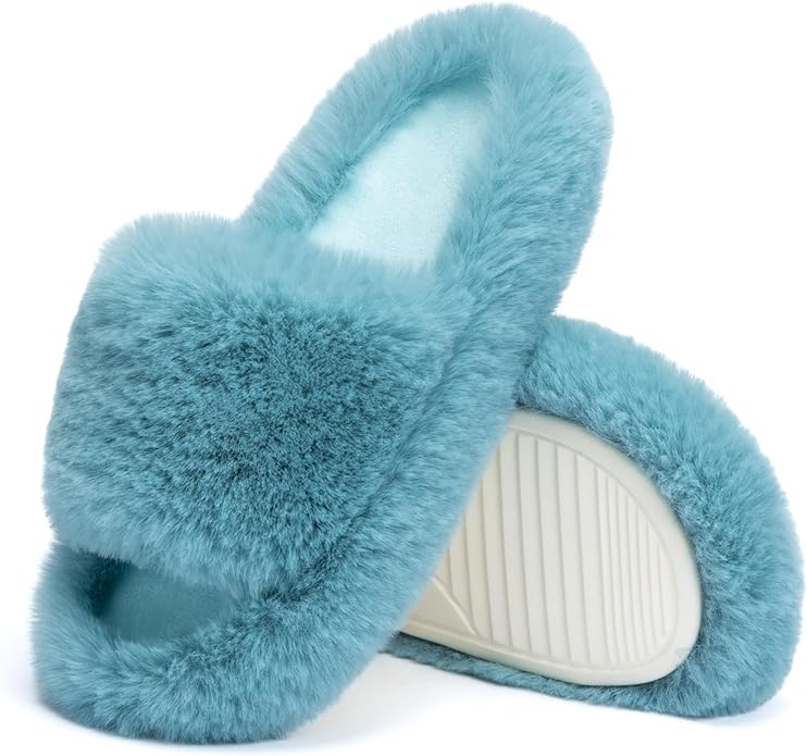 Chantomoo Women's Blue Memory Foam Faux Fur Lined Open Toe Slippers for Women - US 12