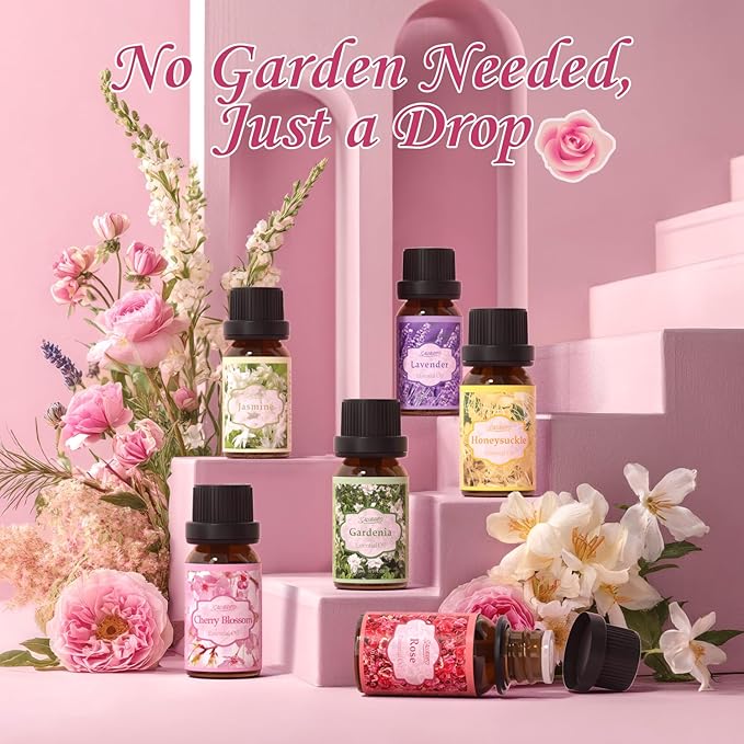 SALUBRITO Floral Fragrance Oils Set, Essential Oils for Diffuser & Candle Making Scents, 6x10ml Aromatherapy Oils Gift Set - Jasmine, Lavender, Rose, Gardenia, Cherry Blossom, Honeysuckle Oil