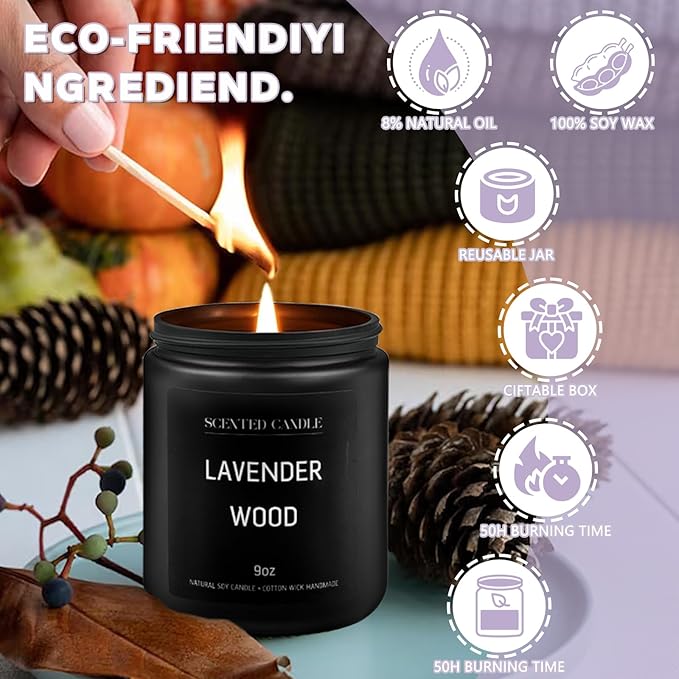 Lavander Wood Scented Candles for Home Scented Aromatherapy Candles, Hand-Poured, 9 OZ, 50H Clean Burn,Soy Wax Candle Gift Set for Women Men