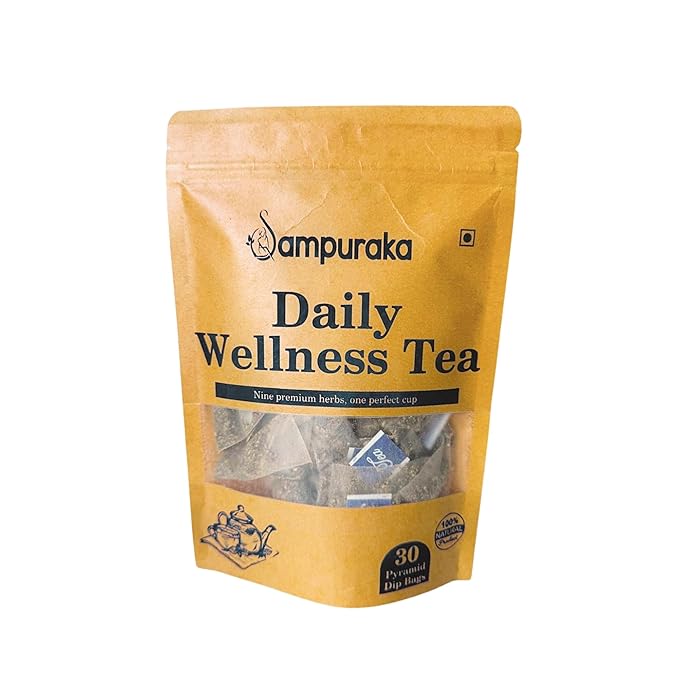 Sampuraka Daily Wellness Tea – Herbal Tea for Immunity & Relaxation Support with Turmeric, Ashwagandha, Ginger | Organic, Caffeine-Free (30 Tea Bags)