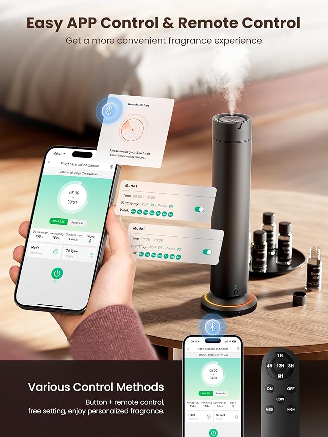 Waterless Scent Diffuser Kit Include 5x20ml Essential Oils, Essential Oil Diffuser for Home, Hotel & Office, APP&Remote Control, Quiet Operation, Pets and Kids Friendly, Max Coverage 1500 Sq Ft
