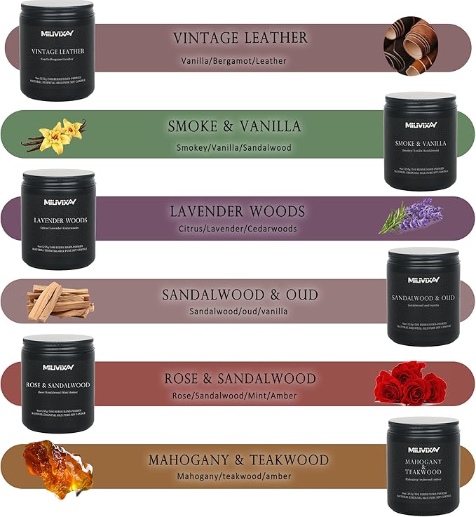 MILIVIXAY Scented Candles for Men-6 Pack Soy Wax Candles for Home Scented, 300 Hour Burn Time, Lavender Woods/Vintage Leather/Smoke & Vanilla/Sandalwood & Oud/Mahogany & Teakwood/Rose & Sandalwood.