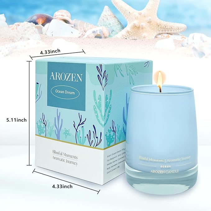 Ocean Scented Candles Gift for Women-10oz Aromatherapy Sea Beach Soy Candles for Home Scented with Healing Crystal inside-55H Burn Gifts for Christmas, Birthday, Women, Mother's Day