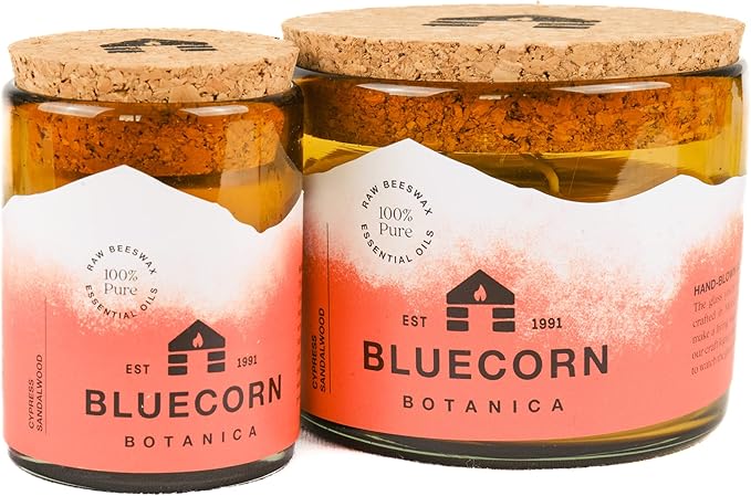 Bluecorn Beeswax Large 3-Wick Candle, 100% Pure Beeswax with Cypress & Sandalwood Essential Oils, Amber Glass, Soy Free, Clean Burning Candle Wax, Long Lasting, Home Decor, American Made, 8 Oz, 1 Ct