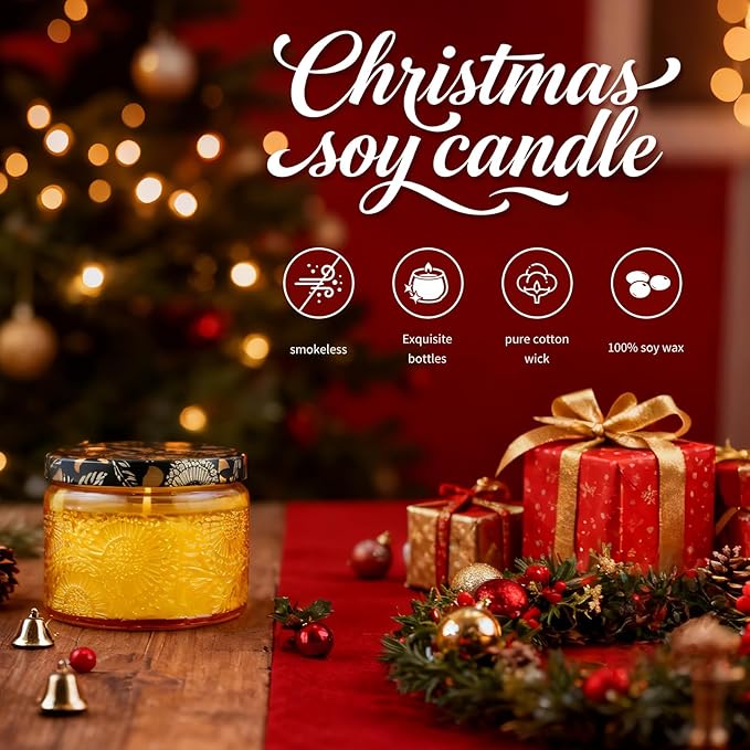 Christmas Scented Candles Gift Set - Holiday Soy Wax Candles with Festive Scents - Christmas Tree, Fireplace, Cinnamon, Mulled Wine - Great Gifts for Women, Home Decor, 4 Pack