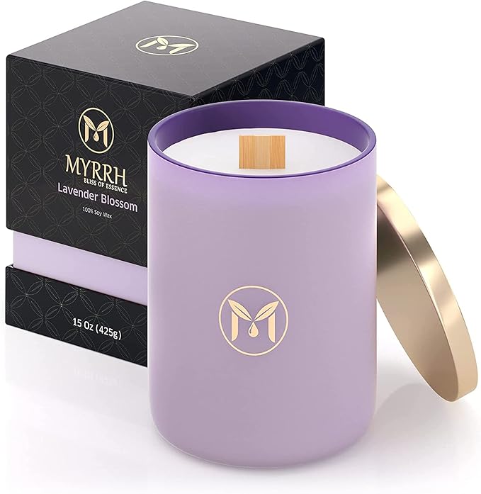 MyrrhUSA Lavender Blossom Scented Candle – 15oz Natural Soy Wax with Crackling Wooden Wick & Essential Oil, 80 Hour Burn | Luxury Aromatherapy Candle for Relaxation, Home Décor, Living Room & Bathroom