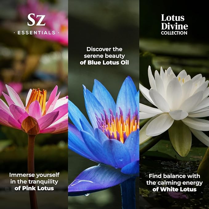 Lotus Divine Essential Oil Collection - Blue, Pink, White Lotus - Set of 3 Bottles (0.17 Fl Oz - 5ml Each) - 100% Pure, Natural & Undiluted - Therapeutic Grade & Vegan