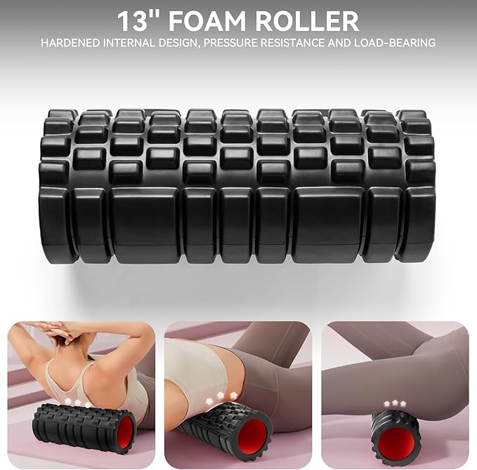 Krightlink 5 in1 Foam Roller Set for Deep Tissue Muscle Massage, High Density Fitness Exercise Foam Roller, Massage Roller, Massage Ball, Resistance Band, for Whole Body (Black)