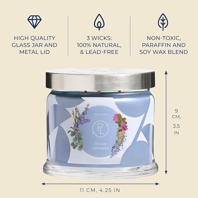 PartyLite Ocean Lavender Scented, Notes of Vanilla Sea Salt, Driftwood, Sea Moss, Patchouli & Eucalyptus, 13.2oz 3-Wick Jar Candle, 45 Hour Burn Time, Luxurious Fragrance, Ideal for Gifting