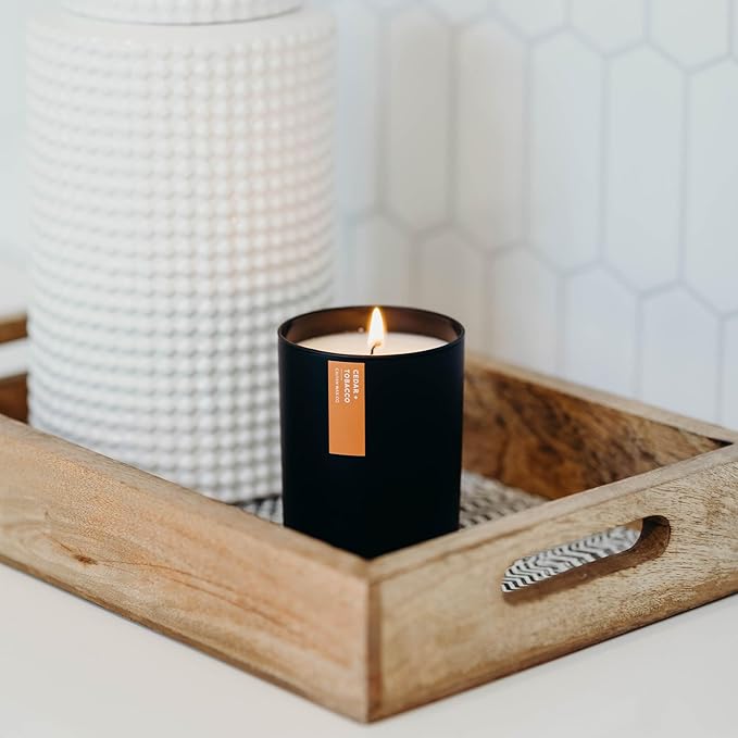Calyan Wax Co. Cedar & Tobacco Scented Candle - 75 Hour Burn - Luxury Non Toxic Soy Wax Candles - Long Lasting Black Tumbler Jar Candle for Home - 10.2oz
